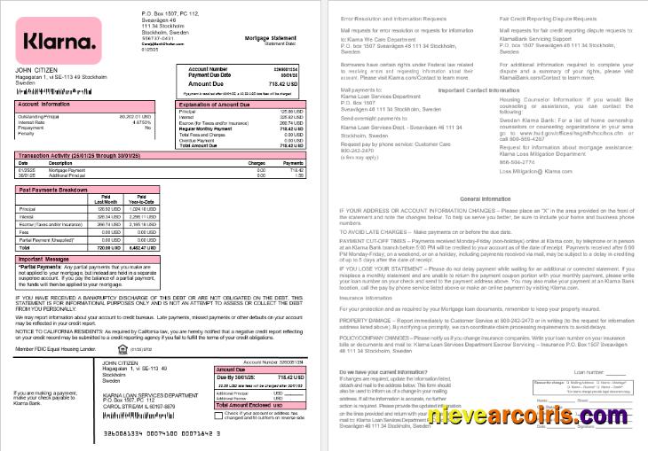 Sweden Klarna Bank mortgage statement